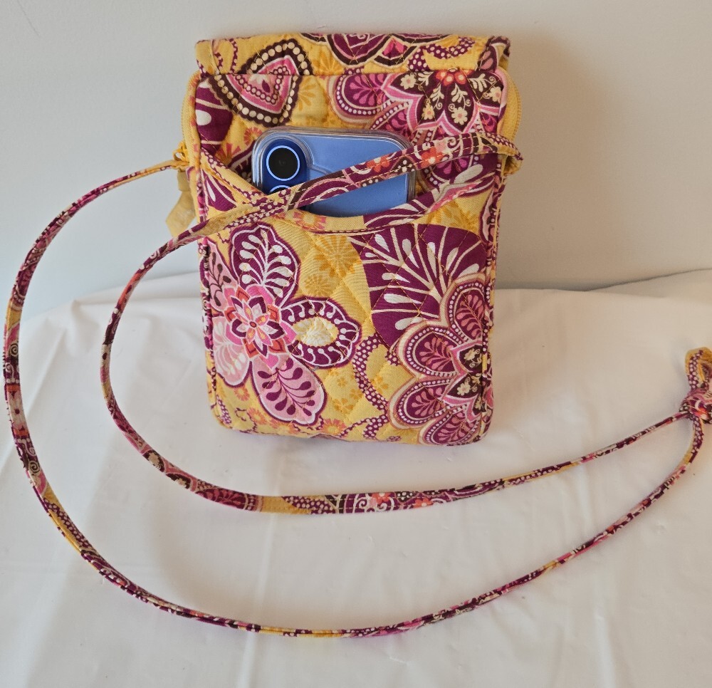 Vera Bradley Quilted Floral Crossbody Bag Yellow Purple Pink | 8" x 6" | - Picture 10 of 13